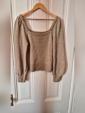 Anthropologie Taupe Off-the-Shoulder Puff Sleeve Sweater